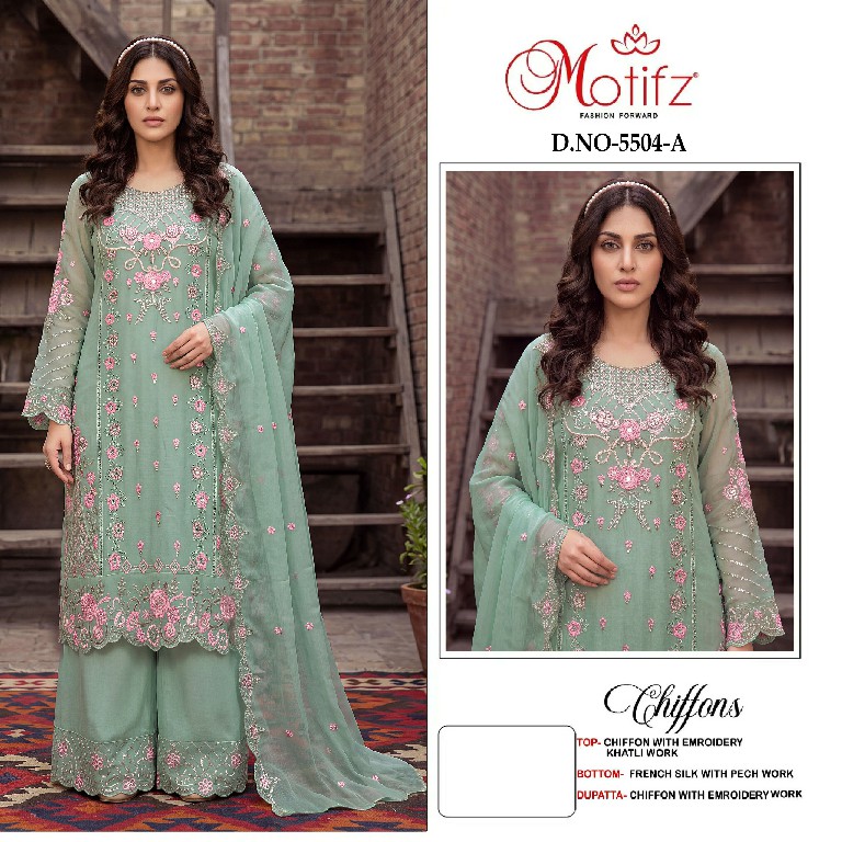 MOTIFZ D.NO 5504 WHOLESALE CHIFFON PAKISTANI PRETTY LOOK UNSTITCH SALWAR SUITS SUPPLIER