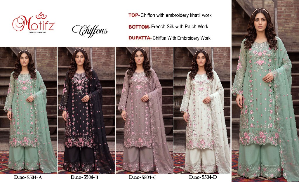 MOTIFZ D.NO 5504 WHOLESALE CHIFFON PAKISTANI PRETTY LOOK UNSTITCH SALWAR SUITS SUPPLIER