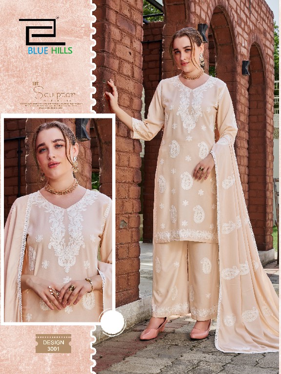BLUE HILLS FIRDOSE WHOLESALE READYMADE RAYON WITH WORK BIG SIZE PLAZZO STYLE 3 PCS COMBO SET SUITS EXPORTER