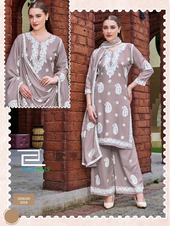 BLUE HILLS FIRDOSE WHOLESALE READYMADE RAYON WITH WORK BIG SIZE PLAZZO STYLE 3 PCS COMBO SET SUITS EXPORTER