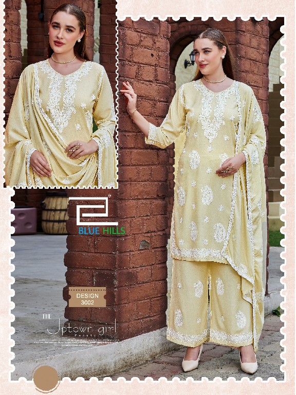 BLUE HILLS FIRDOSE WHOLESALE READYMADE RAYON WITH WORK BIG SIZE PLAZZO STYLE 3 PCS COMBO SET SUITS EXPORTER