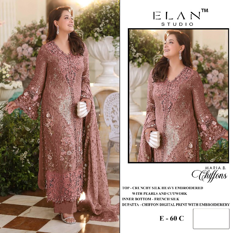 ELAN STUDIO D.NO E-60 WHOLESALE CRUNCHY WITH HEAVY WORK PAKISTANI UNSTITCH SALWAR SUITS FOR EXPORT