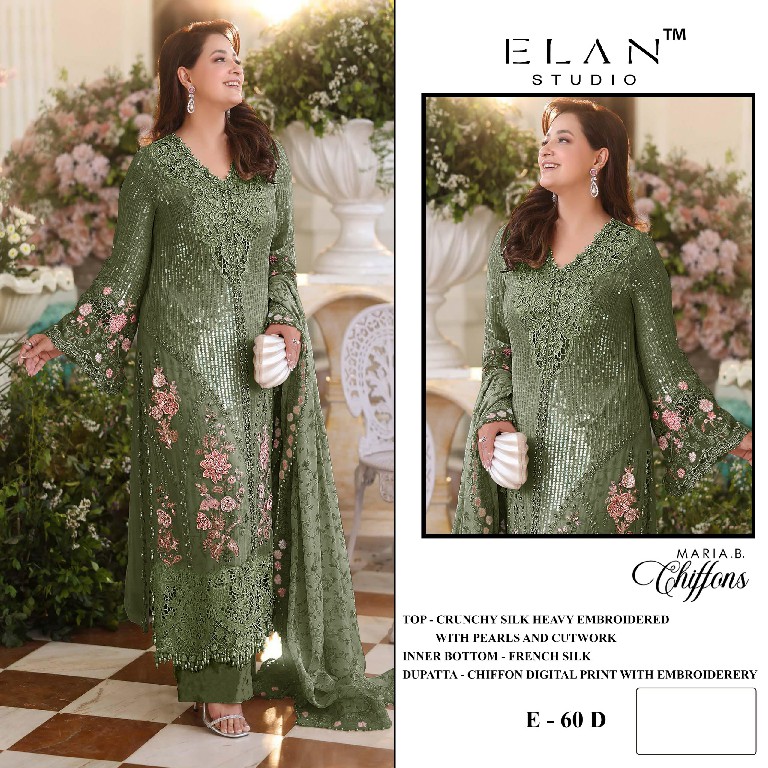 ELAN STUDIO D.NO E-60 WHOLESALE CRUNCHY WITH HEAVY WORK PAKISTANI UNSTITCH SALWAR SUITS FOR EXPORT