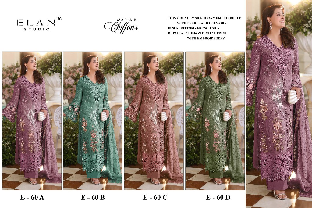ELAN STUDIO D.NO E-60 WHOLESALE CRUNCHY WITH HEAVY WORK PAKISTANI UNSTITCH SALWAR SUITS FOR EXPORT