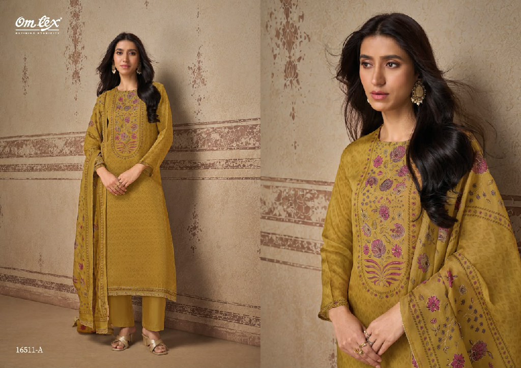 OMTEX AMINA WHOLESALE ORGANZA TWILL BEAUTIFUL WORK UNSTITCH SALWAR SUITS EXPORTER