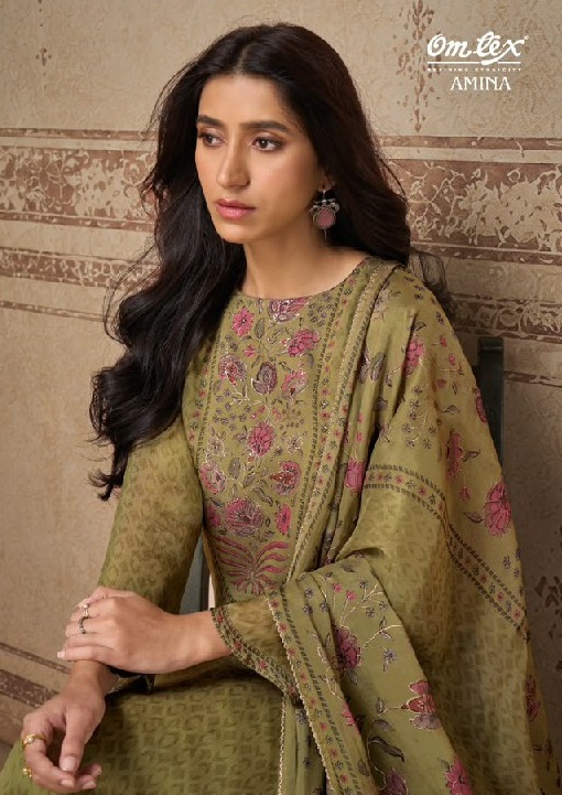 OMTEX AMINA WHOLESALE ORGANZA TWILL BEAUTIFUL WORK UNSTITCH SALWAR SUITS EXPORTER