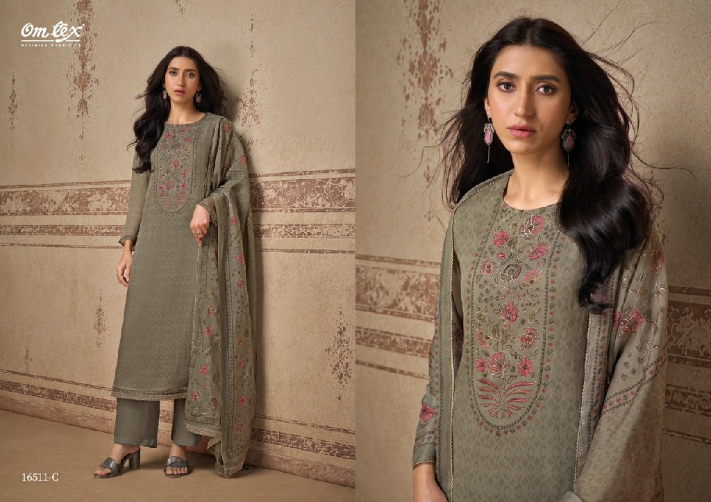 OMTEX AMINA WHOLESALE ORGANZA TWILL BEAUTIFUL WORK UNSTITCH SALWAR SUITS EXPORTER