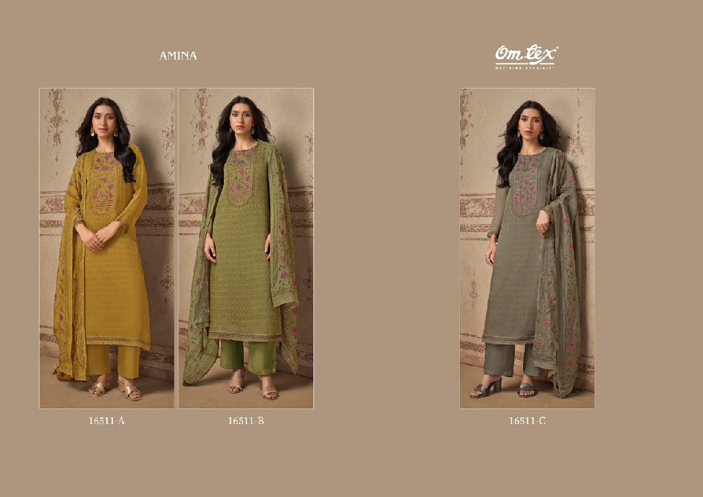 OMTEX AMINA WHOLESALE ORGANZA TWILL BEAUTIFUL WORK UNSTITCH SALWAR SUITS EXPORTER