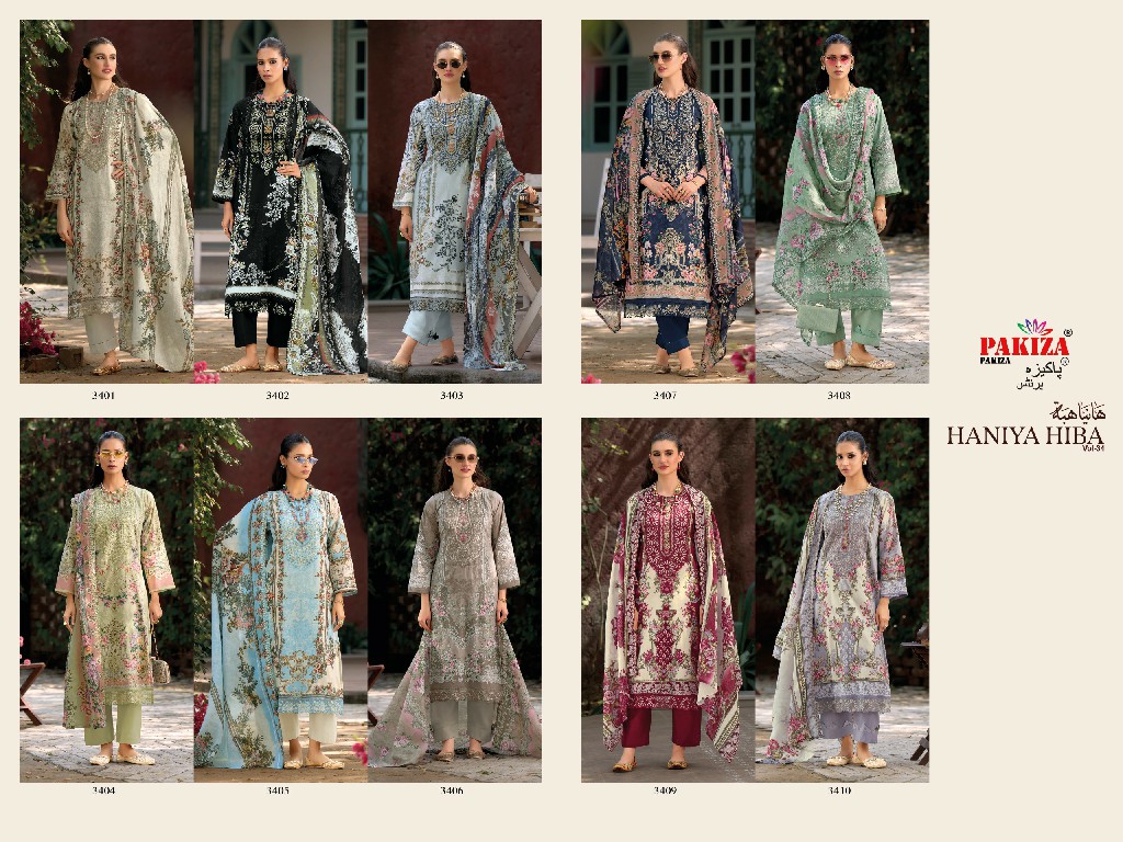 PAKIZA PRINTS HANIYA HIBA VOL 34 WHOLESALE LAWN COTTON WITH KASHMIRI PATCH WORK UNSTITCH SALWAR KAMEEZ FOR EXPORT