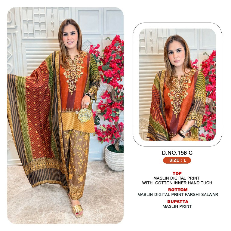 KHAS D.NO 158 WHOLESALE READYMADE MUSLIN WITH WORK BEAUTIFUL 3 PCS COMBO SET SUITS SUPPLIER