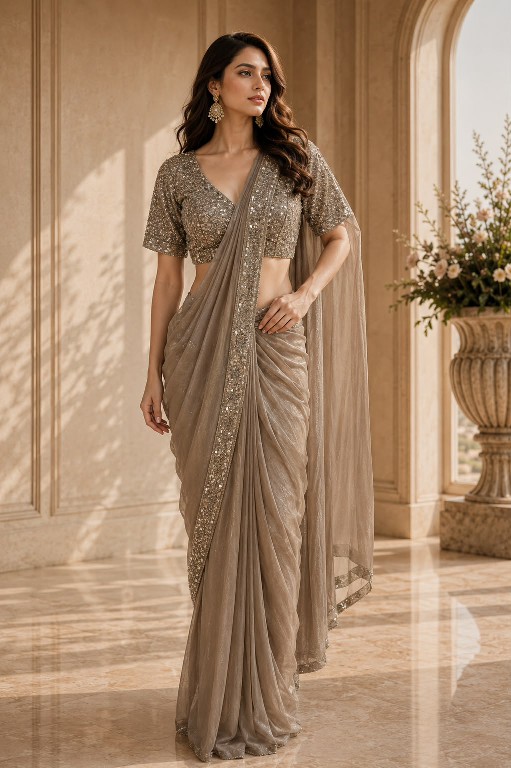 AMOHA D.NO A572 WHOLESALE METTALIC SHIMMER READY TO WEAR PARTY WEAR SAREES FOR WOMEN EXPORTER