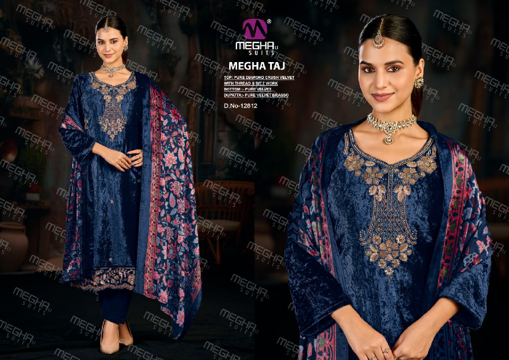 MEGHALI TAJ WHOLESALE VISCOSE CRUSH VELVET WINTER WEAR UNSTITCH SALWAR SUITS EXPORTER