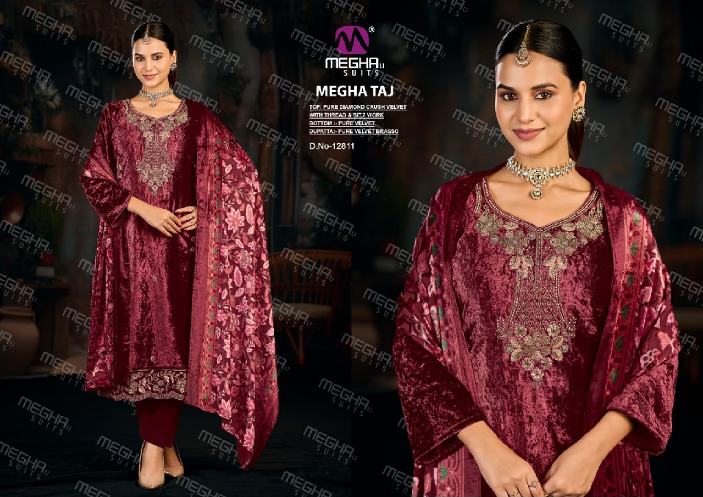 MEGHALI TAJ WHOLESALE VISCOSE CRUSH VELVET WINTER WEAR UNSTITCH SALWAR SUITS EXPORTER