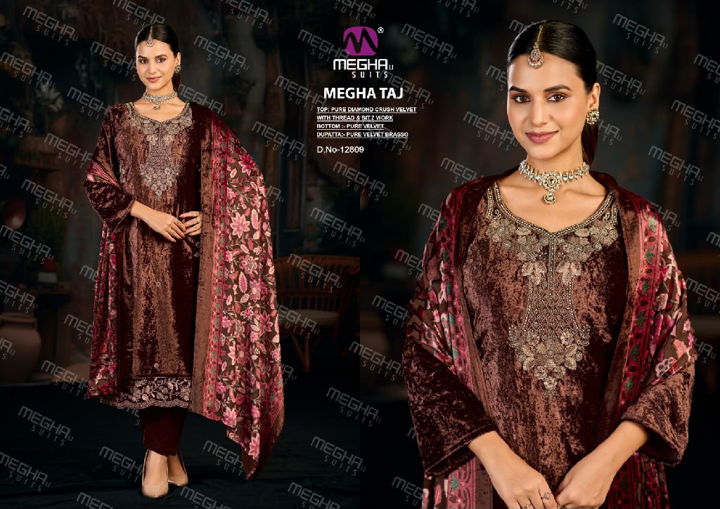 MEGHALI TAJ WHOLESALE VISCOSE CRUSH VELVET WINTER WEAR UNSTITCH SALWAR SUITS EXPORTER