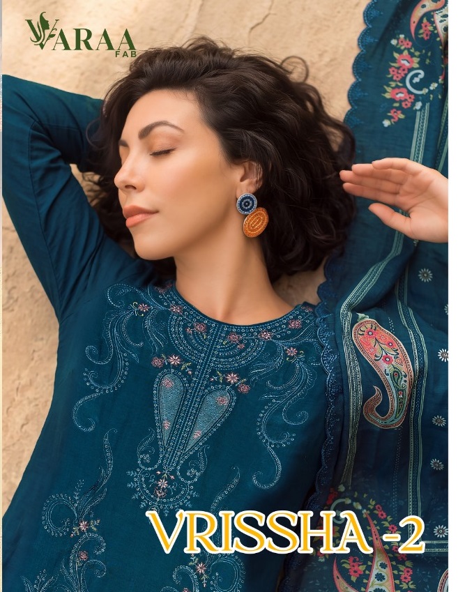 VARAA FAB VRISSHA VOL 2 WHOLESALE PURE BEMBERG MUSLIN BEAUTIFUL UNSTITCH SALWAR SUITS SUPPLIER