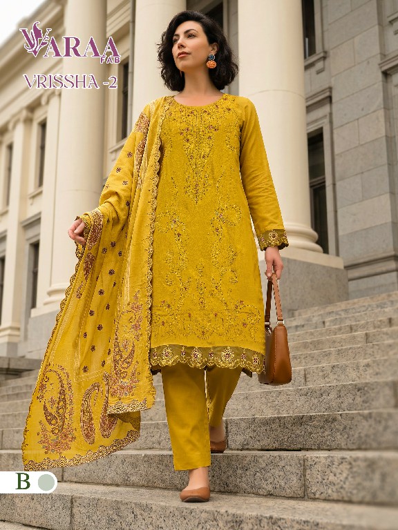VARAA FAB VRISSHA VOL 2 WHOLESALE PURE BEMBERG MUSLIN BEAUTIFUL UNSTITCH SALWAR SUITS SUPPLIER
