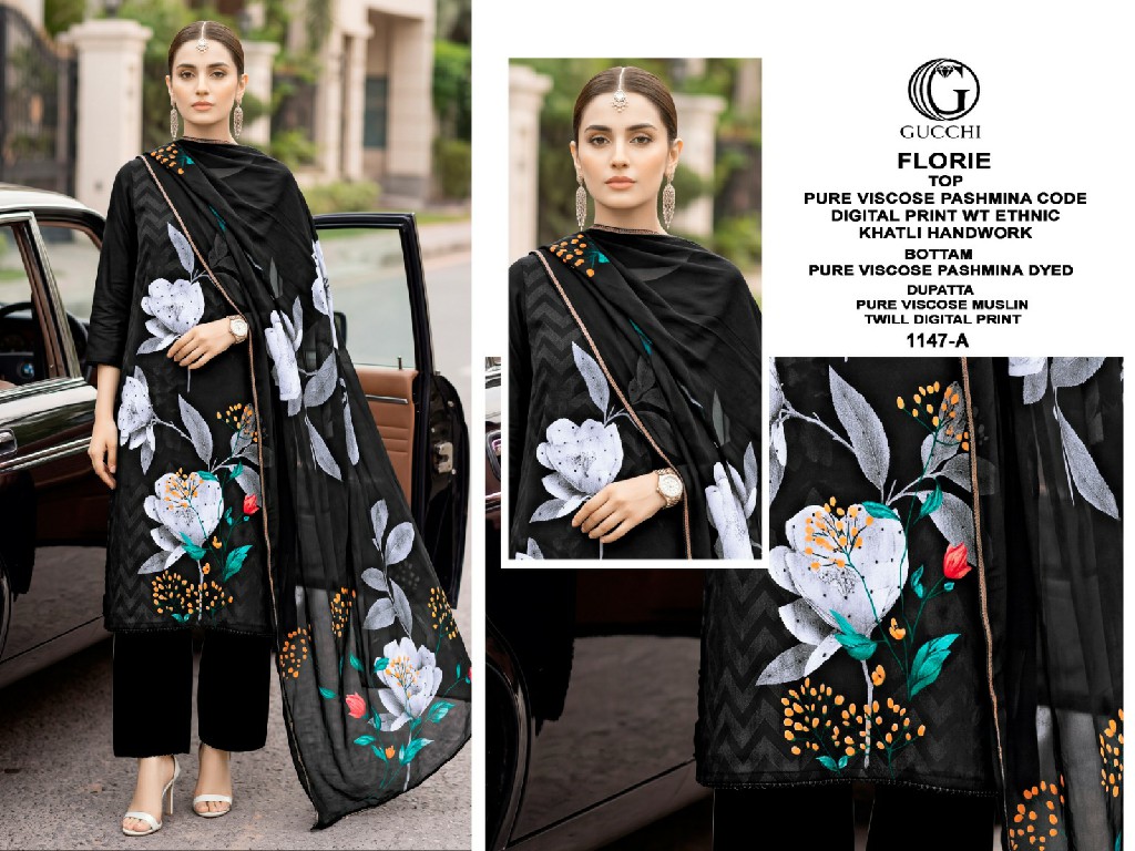 GUCCHI FLORIE D.NO 1147 WHOLESALE VISCOSE PASHMINA WINTER WEAR AMAZING UNSTITCH SALWAR SUITS EXPORTER