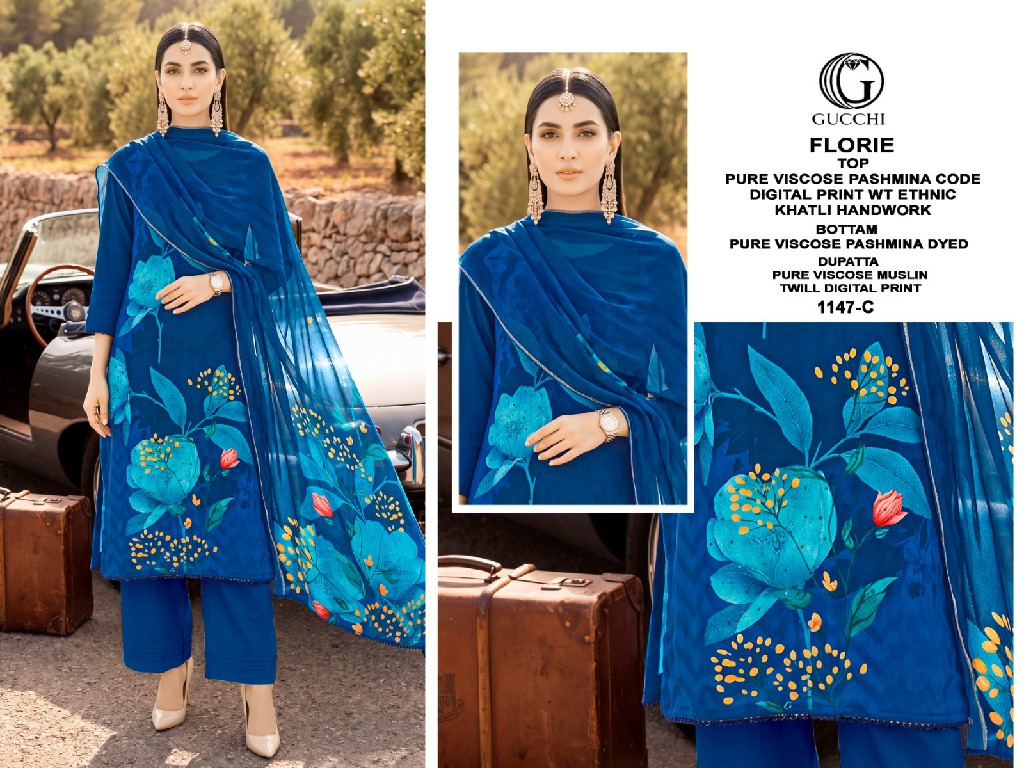 GUCCHI FLORIE D.NO 1147 WHOLESALE VISCOSE PASHMINA WINTER WEAR AMAZING UNSTITCH SALWAR SUITS EXPORTER