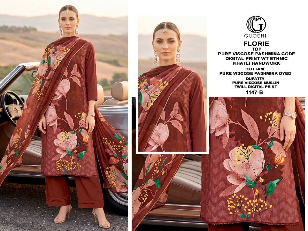 GUCCHI FLORIE D.NO 1147 WHOLESALE VISCOSE PASHMINA WINTER WEAR AMAZING UNSTITCH SALWAR SUITS EXPORTER