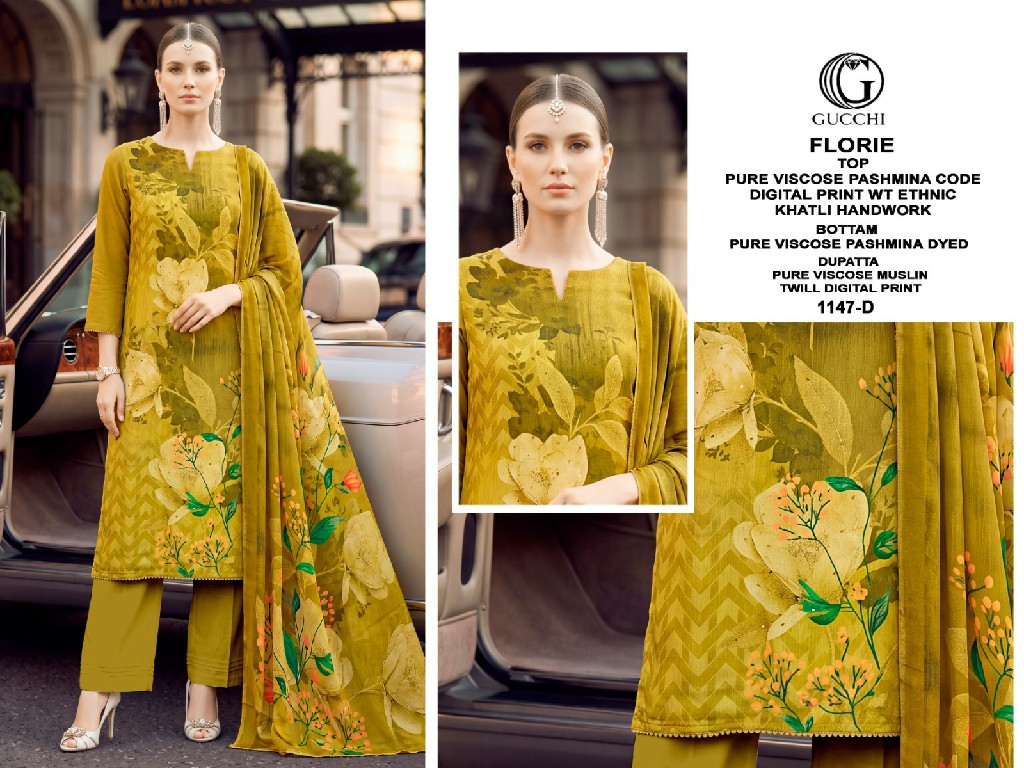 GUCCHI FLORIE D.NO 1147 WHOLESALE VISCOSE PASHMINA WINTER WEAR AMAZING UNSTITCH SALWAR SUITS EXPORTER