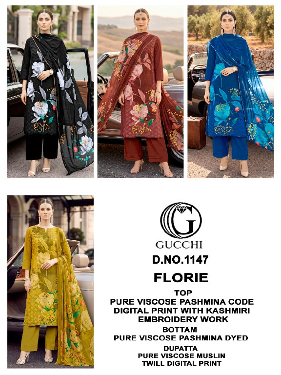 GUCCHI FLORIE D.NO 1147 WHOLESALE VISCOSE PASHMINA WINTER WEAR AMAZING UNSTITCH SALWAR SUITS EXPORTER