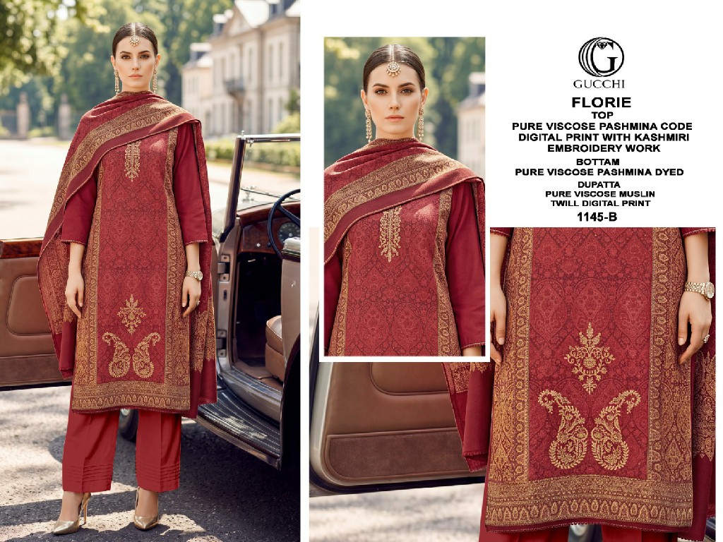 GUCCHI FLORIE D.NO 1145 WHOLESALE VISCOSE PASHMINA WINTER WEAR CLASSIC UNSTITCH SALWAR SUITS SUPPLIER