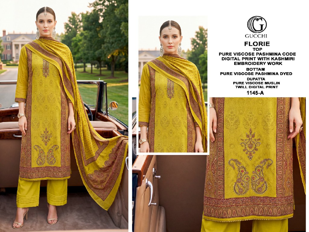 GUCCHI FLORIE D.NO 1145 WHOLESALE VISCOSE PASHMINA WINTER WEAR CLASSIC UNSTITCH SALWAR SUITS SUPPLIER