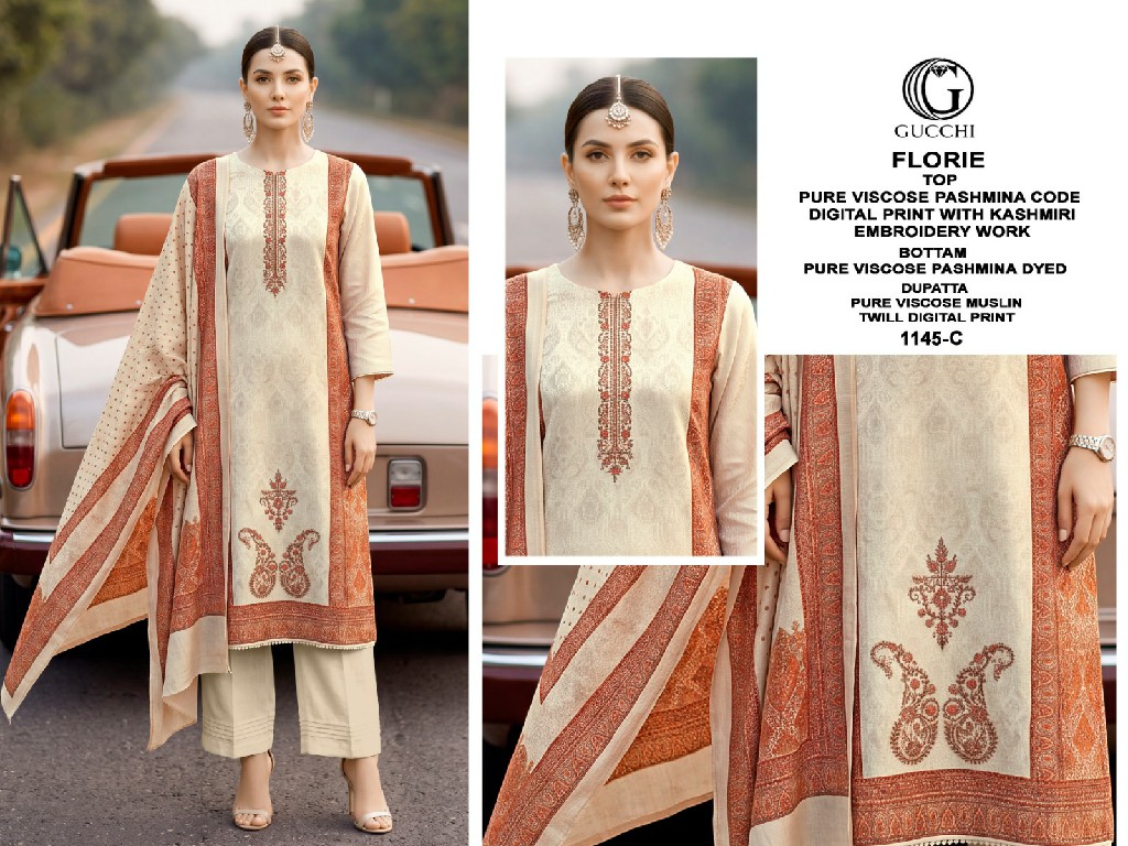 GUCCHI FLORIE D.NO 1145 WHOLESALE VISCOSE PASHMINA WINTER WEAR CLASSIC UNSTITCH SALWAR SUITS SUPPLIER