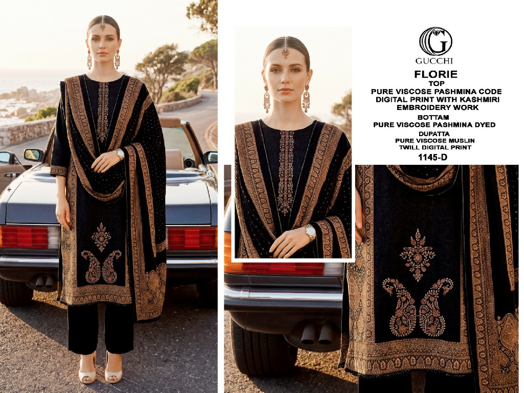 GUCCHI FLORIE D.NO 1145 WHOLESALE VISCOSE PASHMINA WINTER WEAR CLASSIC UNSTITCH SALWAR SUITS SUPPLIER