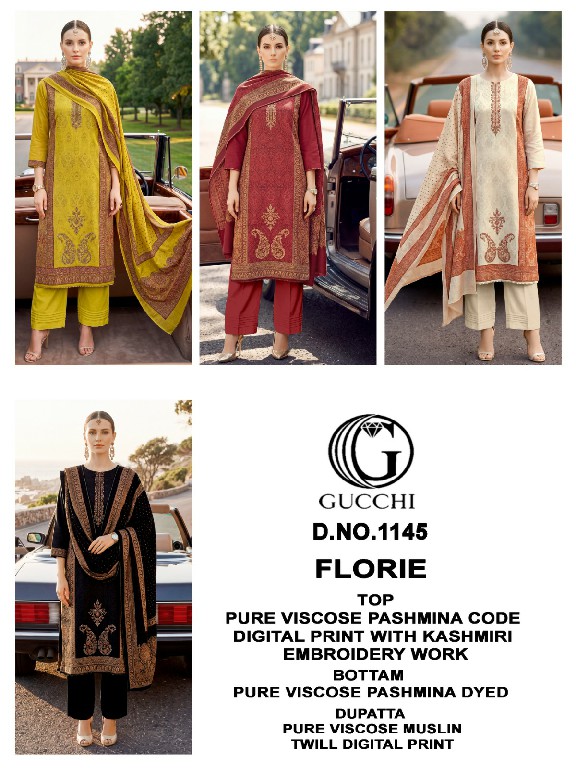 GUCCHI FLORIE D.NO 1145 WHOLESALE VISCOSE PASHMINA WINTER WEAR CLASSIC UNSTITCH SALWAR SUITS SUPPLIER