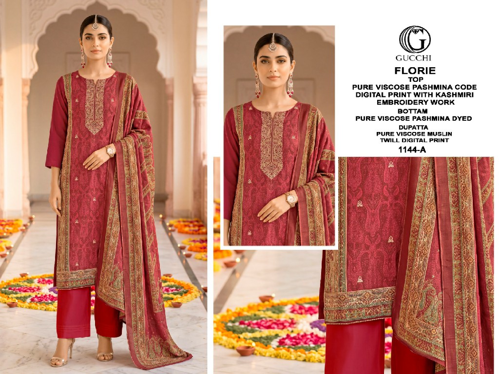 GUCCHI FLORIE D.NO 1144 WHOLESALE VISCOSE PASHMINA PRETTY WINTER WEAR UNSTITCH SALWAR SUITS FOR EXPORT
