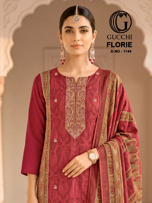 GUCCHI FLORIE D.NO 1144 WHOLESALE VISCOSE PASHMINA PRETTY WINTER WEAR UNSTITCH SALWAR SUITS FOR EXPORT