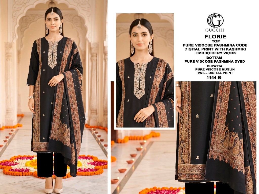 GUCCHI FLORIE D.NO 1144 WHOLESALE VISCOSE PASHMINA PRETTY WINTER WEAR UNSTITCH SALWAR SUITS FOR EXPORT