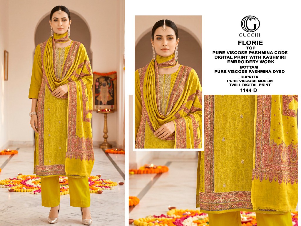 GUCCHI FLORIE D.NO 1144 WHOLESALE VISCOSE PASHMINA PRETTY WINTER WEAR UNSTITCH SALWAR SUITS FOR EXPORT