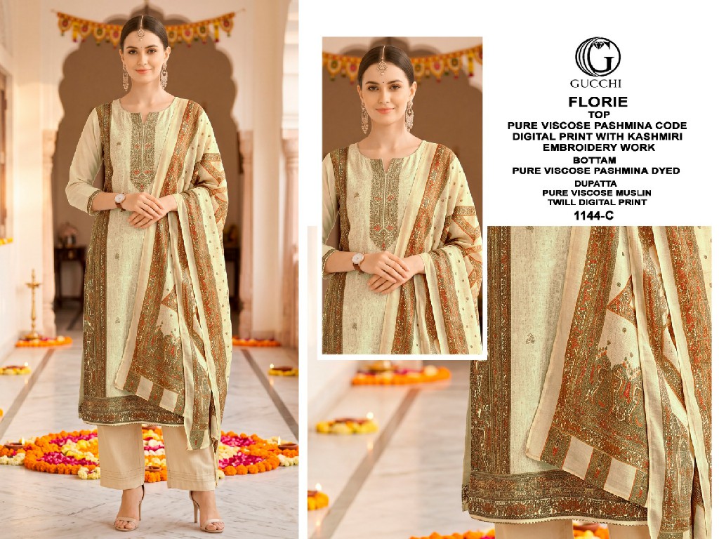 GUCCHI FLORIE D.NO 1144 WHOLESALE VISCOSE PASHMINA PRETTY WINTER WEAR UNSTITCH SALWAR SUITS FOR EXPORT