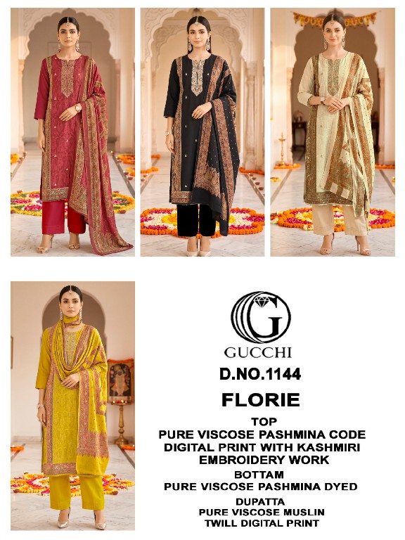GUCCHI FLORIE D.NO 1144 WHOLESALE VISCOSE PASHMINA PRETTY WINTER WEAR UNSTITCH SALWAR SUITS FOR EXPORT