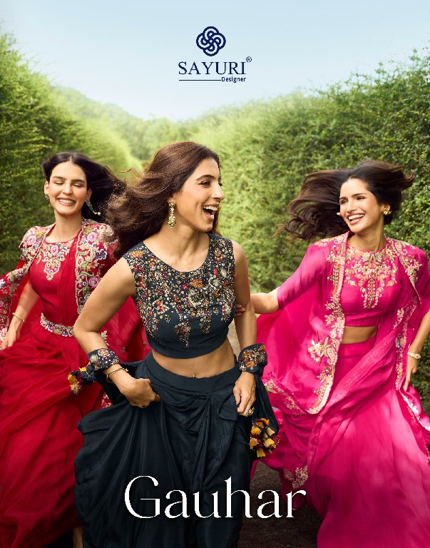 GAUHAR BY SAYURI DESIGNER WHOLESALE READYMADE REAL CREP SILK LATEST TRENDY JACKET STYLE SHRUG WITH BLOUSE AND LEHENGA FOR WOMEN ONLINE