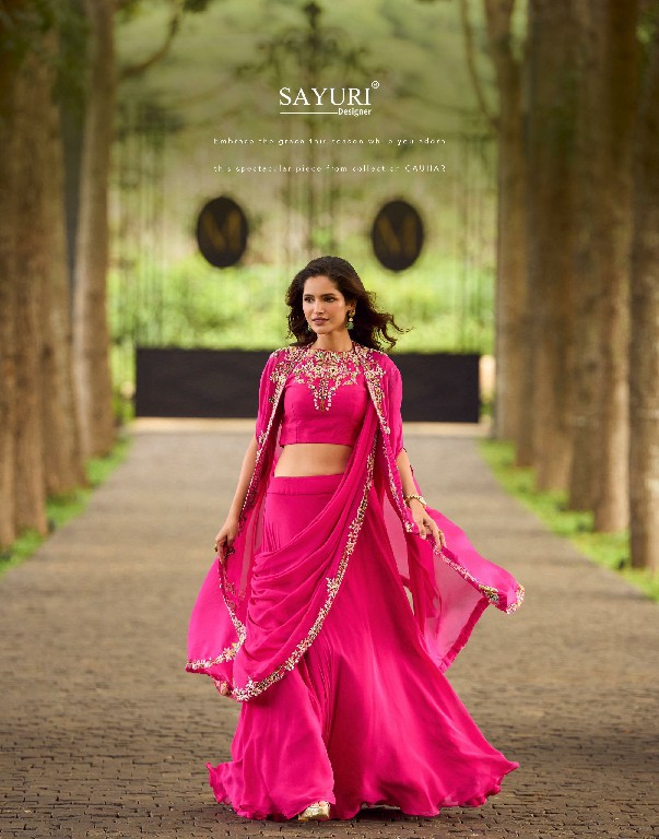 GAUHAR BY SAYURI DESIGNER WHOLESALE READYMADE REAL CREP SILK LATEST TRENDY JACKET STYLE SHRUG WITH BLOUSE AND LEHENGA FOR WOMEN ONLINE