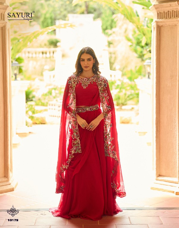 GAUHAR BY SAYURI DESIGNER WHOLESALE READYMADE REAL CREP SILK LATEST TRENDY JACKET STYLE SHRUG WITH BLOUSE AND LEHENGA FOR WOMEN ONLINE
