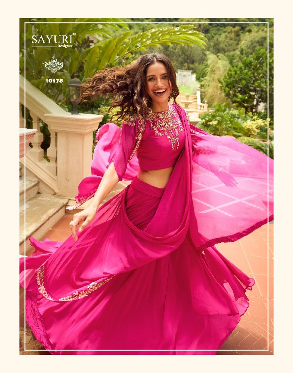 GAUHAR BY SAYURI DESIGNER WHOLESALE READYMADE REAL CREP SILK LATEST TRENDY JACKET STYLE SHRUG WITH BLOUSE AND LEHENGA FOR WOMEN ONLINE