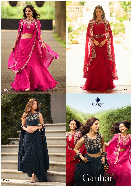 GAUHAR BY SAYURI DESIGNER WHOLESALE READYMADE REAL CREP SILK LATEST TRENDY JACKET STYLE SHRUG WITH BLOUSE AND LEHENGA FOR WOMEN ONLINE