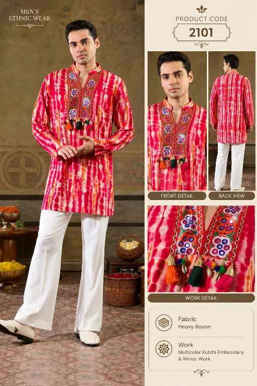 SHUBHVASTRA LERIYA PRINT WHOLESALE READYMADE HEAVY RAYON NAVRATRI SPECIAL KURTA WITH PANT FOR MEN ONLINE