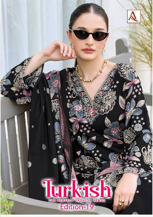 ALOK SUIT TURKISH VOL 19 WHOLESALE VISCOSE RAYON FANCY WORK UNSTITCH SALWAR SUITS SUPPLIER