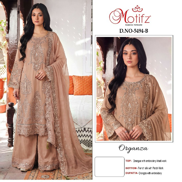 MOTIFZ D.NO 5494 WHOLESALE ORGANZA WITH WORK PAKISTANI UNSTITCH SALWAR SUITS EXPORTER