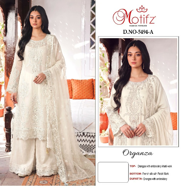 MOTIFZ D.NO 5494 WHOLESALE ORGANZA WITH WORK PAKISTANI UNSTITCH SALWAR SUITS EXPORTER