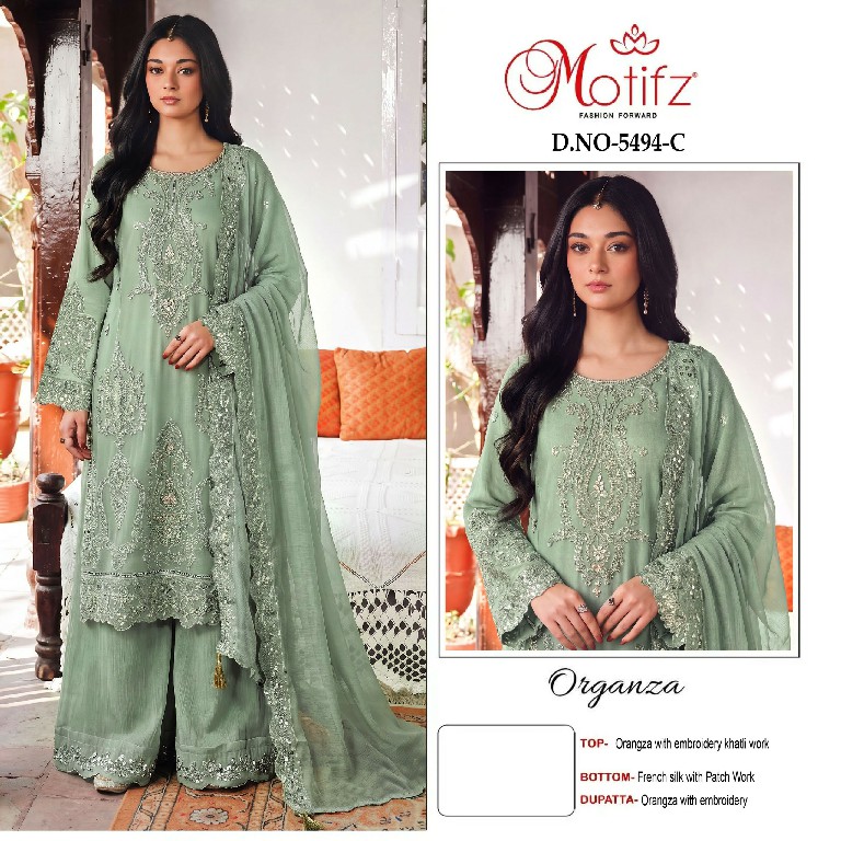 MOTIFZ D.NO 5494 WHOLESALE ORGANZA WITH WORK PAKISTANI UNSTITCH SALWAR SUITS EXPORTER