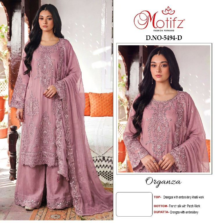 MOTIFZ D.NO 5494 WHOLESALE ORGANZA WITH WORK PAKISTANI UNSTITCH SALWAR SUITS EXPORTER
