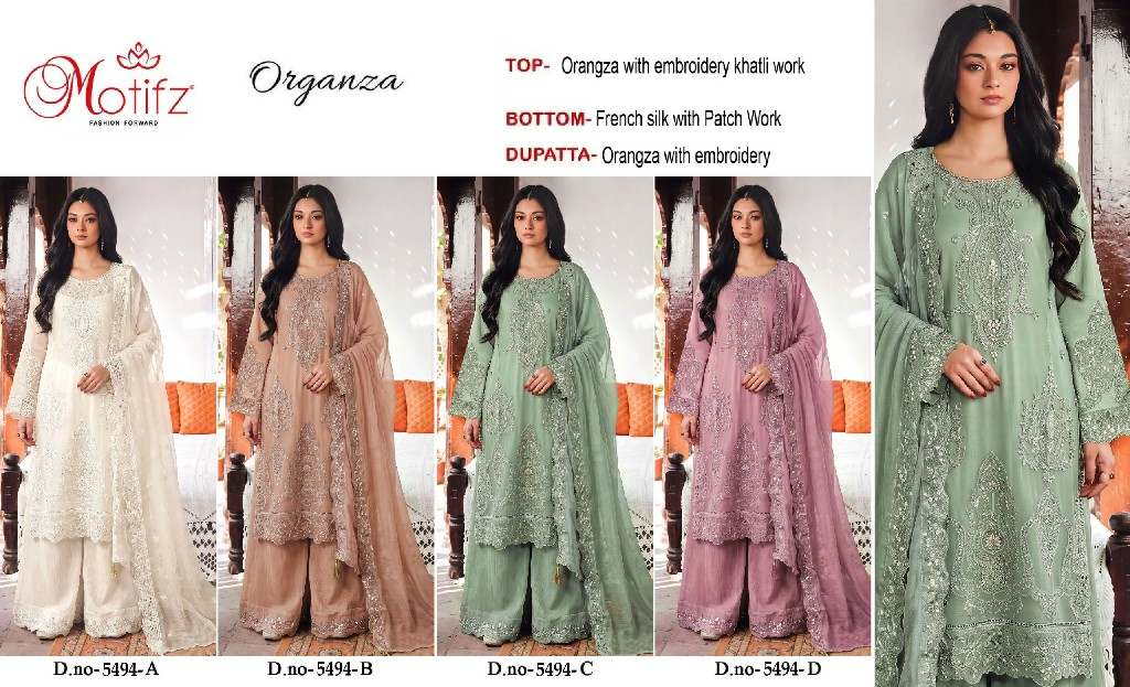 MOTIFZ D.NO 5494 WHOLESALE ORGANZA WITH WORK PAKISTANI UNSTITCH SALWAR SUITS EXPORTER