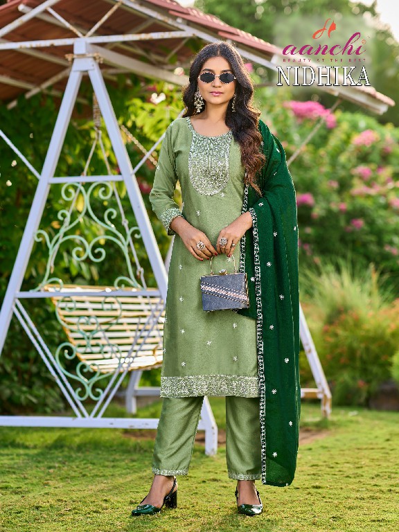 AANCHI NIDHIKA WHOLESALE READYMADE CRYSTAL SILK LATEST FASHION 3 PCS SUITS SUPPLIER