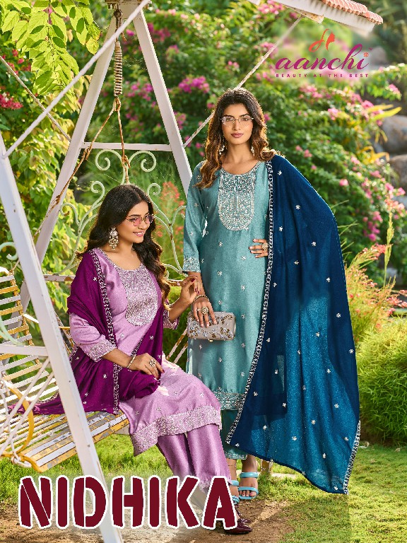 AANCHI NIDHIKA WHOLESALE READYMADE CRYSTAL SILK LATEST FASHION 3 PCS SUITS SUPPLIER